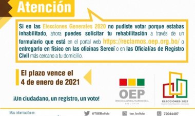 Personas inhabilitadas en elecciones del 2020 podrán rehabilitarse hasta el 4 de enero