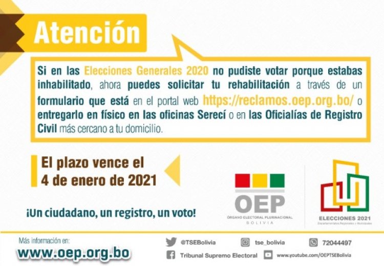 Personas inhabilitadas en elecciones del 2020 podrán rehabilitarse hasta el 4 de enero