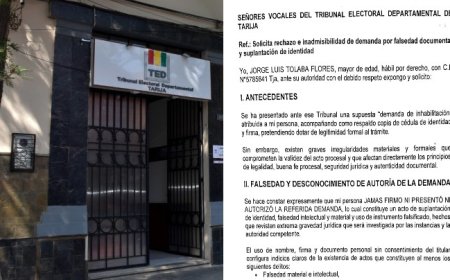Demandan falsedad material y suplantación de identidad en segunda solicitud de inhabilitación contra Mario Cossío en Tarija