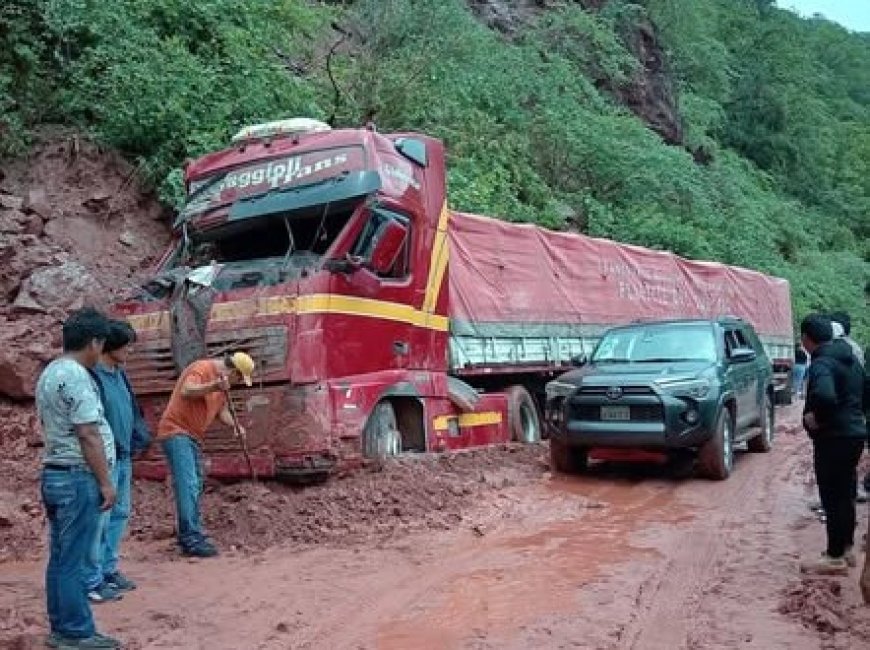 Derrumbes inmovilizan un camión en el angosto y genera preocupación por la seguridad vial