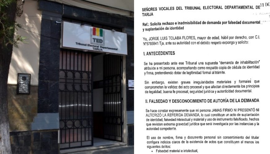 Demandan falsedad material y suplantación de identidad en segunda solicitud de inhabilitación contra Mario Cossío en Tarija